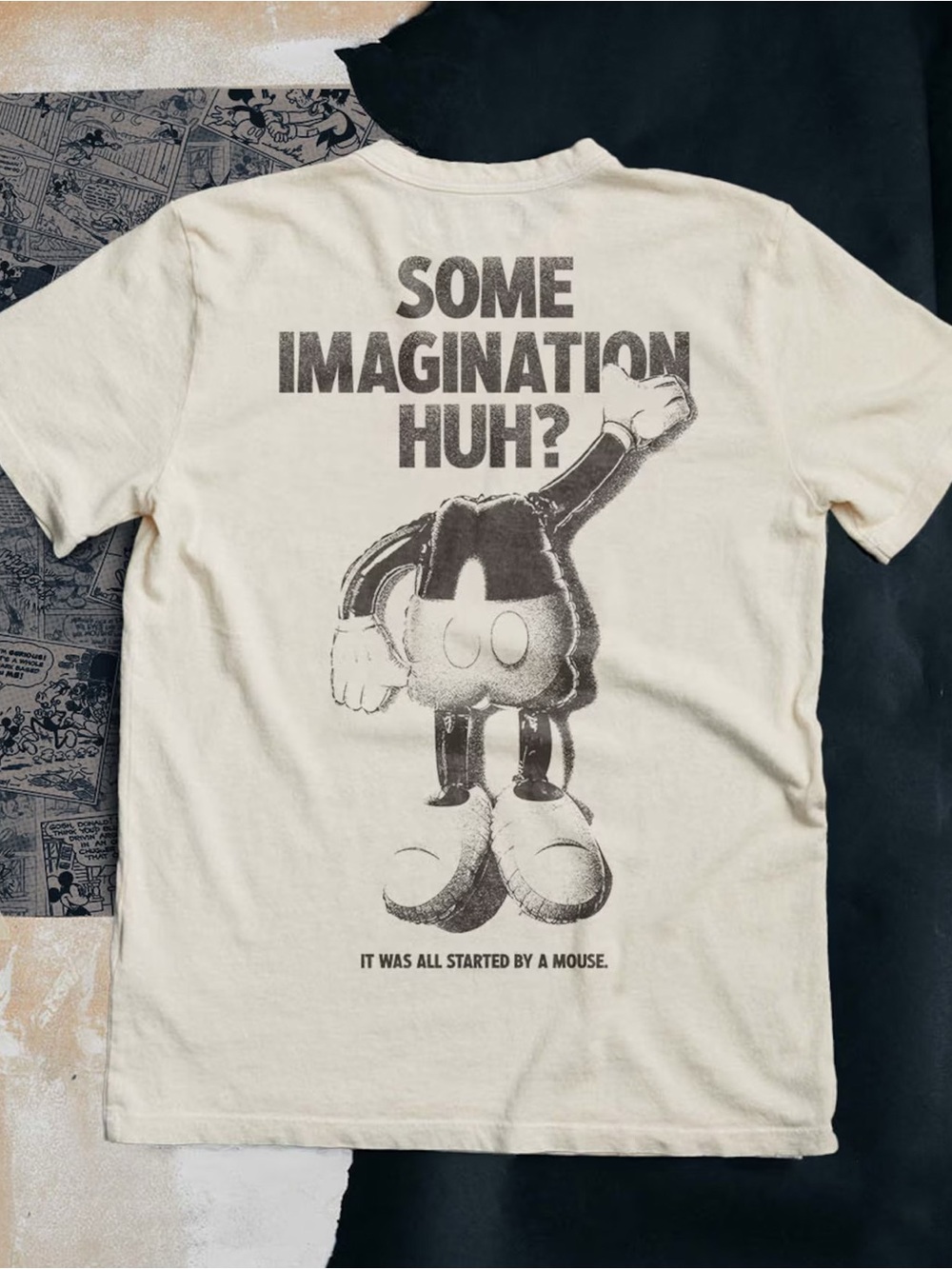 Some Imagination Huh Graphic Tee with Vintage Mouse Off White Unisex